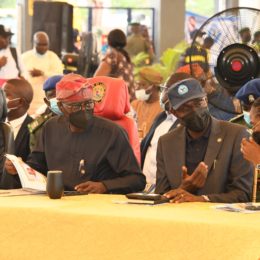 L-R: Lagos Deputy Governor, Dr. Obafemi Hamzat; Governor Babajide Sanwo-Olu; Commissioner for Transportation, Dr. Frederic Oladeinde and Managing Director, Lagos Metropolitan Area Transport Authority (LAMATA), Engr. Abimbola Akinajo, during the commissioning of the Yaba Bus Terminal, Yaba, on Tuesday, June 15, 2021.