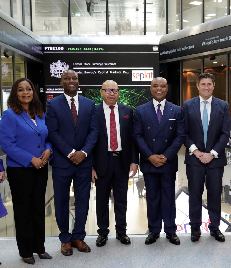 L-R: Dr. Chioma Nwachuku, Director, External Affairs and Sustainability, Seplat Energy Plc; Mr. Effiong Okon, Operations Director; Mr. Emeka Onwuka, Chief Financial Officer; Dr. ABC Orjiako, Board Chairman; and Mr. Roger Brown, Chief Executive Officer, during the Opening Bell Ceremony by the Board and Management of Seplat Energy at the London Stock Exchange (LSE) … on Thursday. 