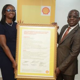 Managing Director, Shell Nigeria Exploration and Production Company Limited (SNEPCo), Mrs. Elohor Aiboni, receiving the Shell Safety, Environment and Social Performance Charter from her predecessor, Mr. Bayo Ojulari, in a handover ceremony at SNEPCo’s head office in Lagos... last week.