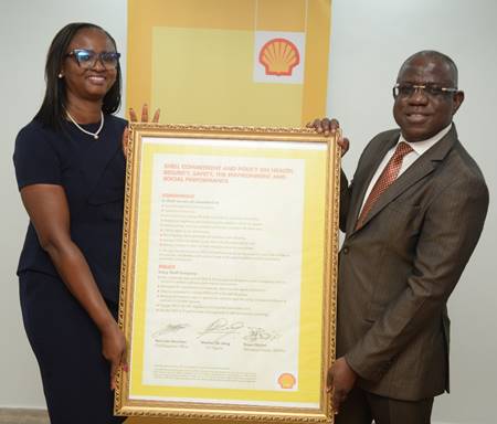 Managing Director, Shell Nigeria Exploration and Production Company Limited (SNEPCo), Mrs. Elohor Aiboni, receiving the Shell Safety, Environment and Social Performance Charter from her predecessor, Mr. Bayo Ojulari, in a handover ceremony at SNEPCo’s head office in Lagos... last week.