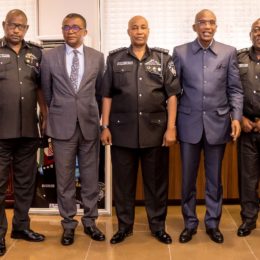 L-R: Mr Sa’ad Ahmed, Head, Inter-Governmental Department, Asset Management Corporation of Nigeria (AMCON); Mr Jude Nwauzor, the Corporation’s Head of Corporate Communications Department; Mr Baba Tijjani, DIG Operations, Force Headquarters Abuja; Mr Albert Nwanozie, Head, Legal Department, AMCON; Mr Usman Alkali Baba, the Inspector General of Police (IGP); Mr Ahmed Kuru, Managing Director/Chief Executive Officer, AMCON); Mr Zanna M. Ibrahim DIG Logistics & Supplies, Force Headquarters; Mr Aliyu Kalgo from the office of AMCON MD and Mr Usman Abubarkar, Head, Enforcement, AMCON in a group photograph at the end of the visit of the AMCON Boss to the IGP at Louis Edet House…Abuja on Tuesday