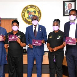 L-R: Secretary to the State Government, Mrs. Folashde Jaji; Lagos Deputy Governor, Dr. Obafemi Hamzat; Hon. Justice Serifat Solebo; Governor Babajide Sanwo-Olu; Founder, Mirabel Centre, Mrs. Itoro Eze-Anaba; Attorney General & Commissioner for Justice, Mr. Moyosore Onigbanjo (SAN) and the Chief of Staff, Mr. Tayo Ayinde during the signing into law the establishment of the Domestic and Sexual Violence Agency, at the EXCO Chamber, Lagos House, Alausa, Ikeja, on Monday, September 20, 2021.