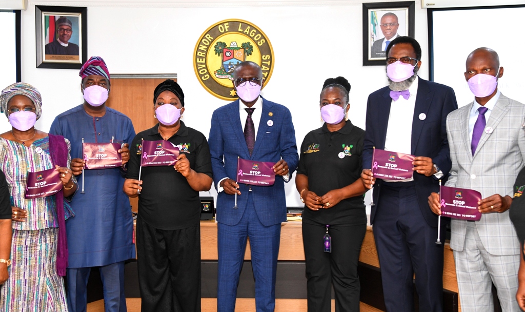 L-R: Secretary to the State Government, Mrs. Folashde Jaji; Lagos Deputy Governor,  Dr. Obafemi Hamzat; Hon. Justice Serifat Solebo; Governor Babajide Sanwo-Olu; Founder, Mirabel Centre, Mrs. Itoro Eze-Anaba; Attorney General & Commissioner for Justice, Mr. Moyosore Onigbanjo (SAN) and the Chief of Staff, Mr. Tayo Ayinde during the signing into law the establishment of the Domestic and Sexual Violence Agency, at the EXCO Chamber, Lagos House, Alausa, Ikeja, on Monday, September 20, 2021.