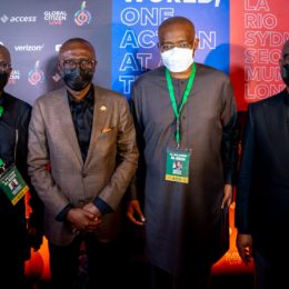 L-R: Chairman, Global Citizen Nigeria, Mr. Tunde Folawiyo; Lagos State Governor, Mr. Babajide Sanwo-Olu; Vice Chairman, Global Citizen Nigeria, Mr. Aigboje Aig-Imoukhuede and Group Managing Director/CEO, Access Bank PLC, Mr. Herbert Wigwe, during the Global Citizen Live concert in honour of frontline and essential workers in the battle against COVID-19, at the Afrika Shrine, Ikeja, on Saturday, September 18, 2021