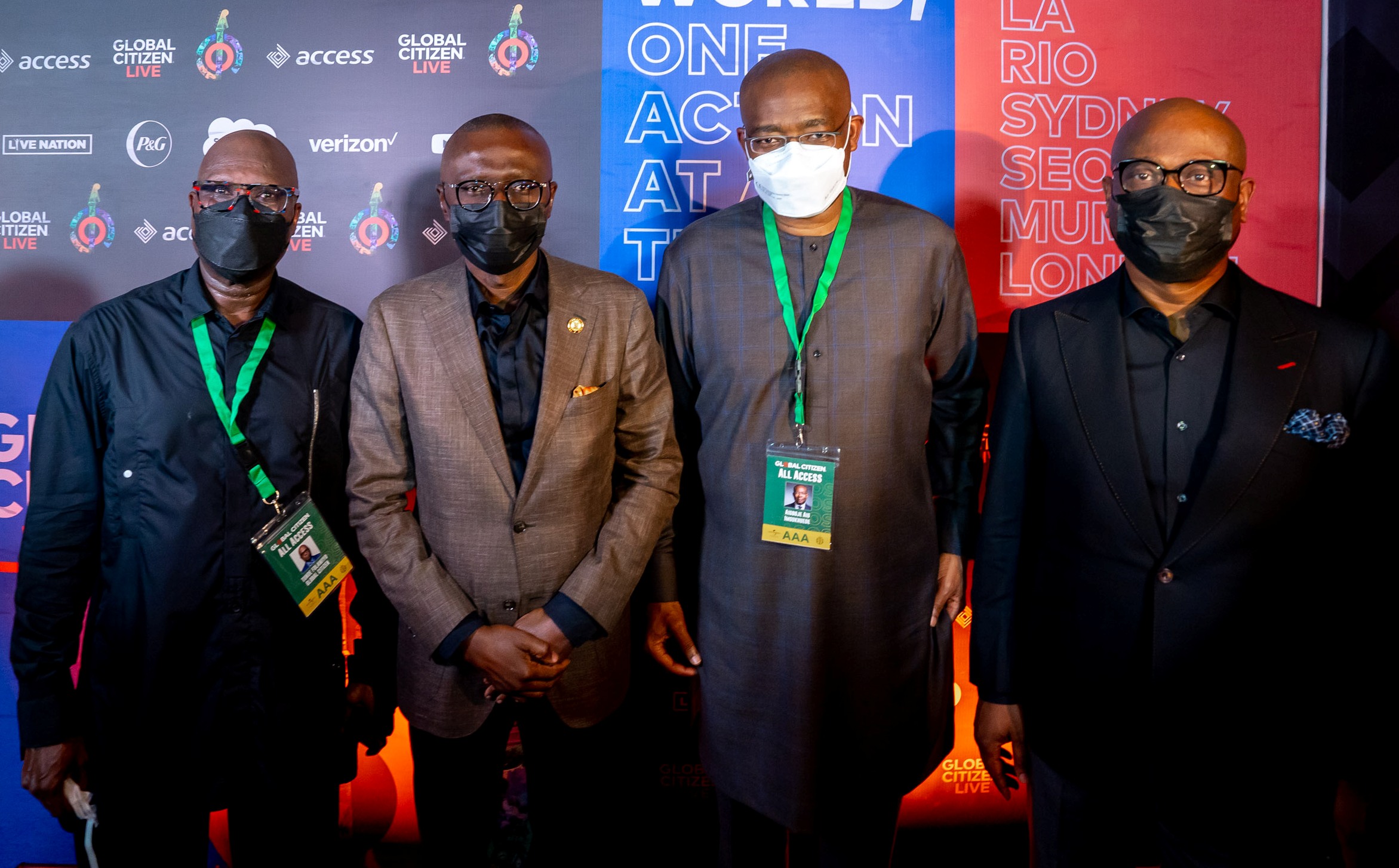  L-R: Chairman, Global Citizen Nigeria, Mr. Tunde Folawiyo; Lagos State Governor, Mr. Babajide Sanwo-Olu; Vice Chairman, Global Citizen Nigeria, Mr. Aigboje Aig-Imoukhuede and Group Managing Director/CEO, Access Bank PLC, Mr. Herbert Wigwe, during the Global Citizen Live concert in honour of frontline and essential workers in the battle against COVID-19, at the Afrika Shrine, Ikeja, on Saturday, September 18, 2021