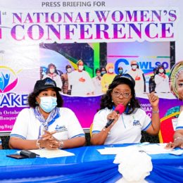 First Lady and Chairman, Committee of Wives of Lagos State Officials (COWLSO), Dr. Ibijoke Sanwo-Olu (middle); Wife of Deputy Governor, Mrs Oluremi Hamzat (2nd left); Wife of the Chief of Staff, Mrs Adedoyin Ayinde (2nd right); Chairperson, COWLSO 21st National Women’s Conference Planning Committee, Mrs Nkem Sofela (left); and COWLSO General Secretary, Mrs Yewande Olorunrinu, during an awareness walk on the forthcoming COWLSO NWC Conference, held at Lagos House, Alausa, Ikeja, on Tuesday, 12th October 2021.